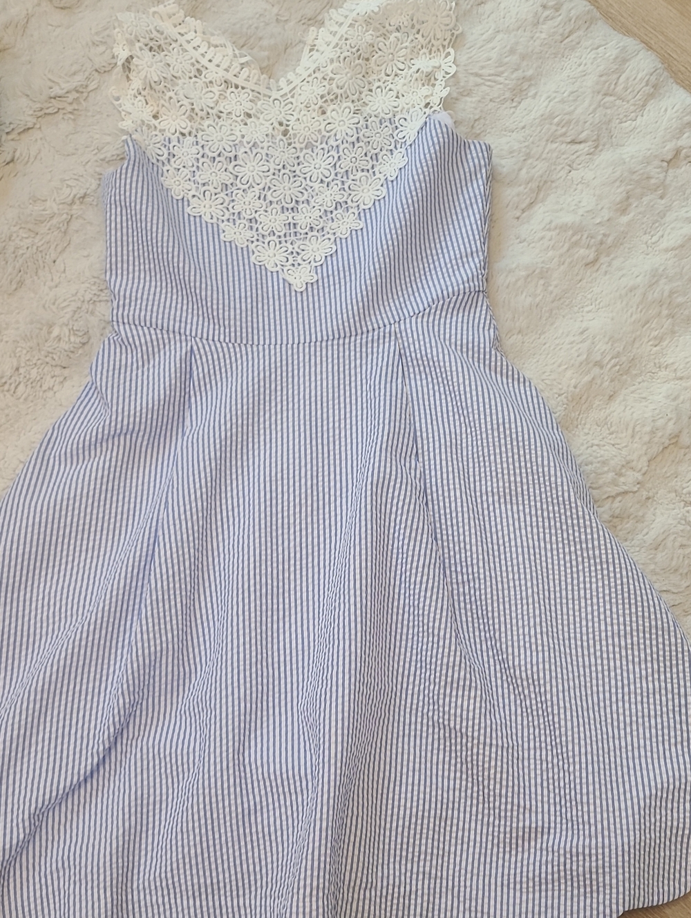 Rare Editions Blue and White Lace Yoke Seersucker Dress - Girl sz 16